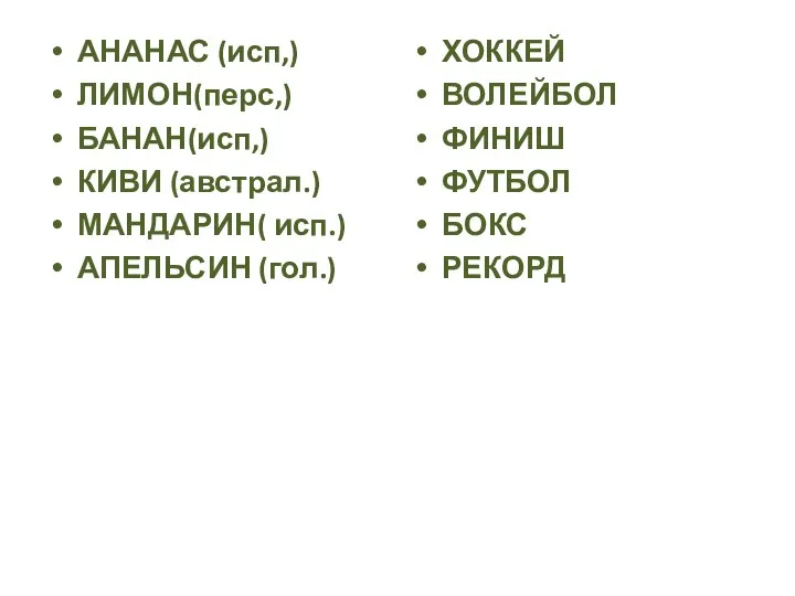 АНАНАС (исп,) ЛИМОН(перс,) БАНАН(исп,) КИВИ (австрал.) МАНДАРИН( исп.) АПЕЛЬСИН (гол.) ХОККЕЙ ВОЛЕЙБОЛ ФИНИШ ФУТБОЛ БОКС РЕКОРД