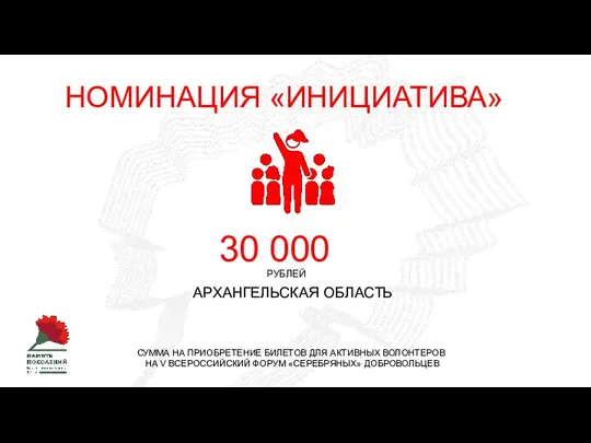 30 000 АРХАНГЕЛЬСКАЯ ОБЛАСТЬ РУБЛЕЙ СУММА НА ПРИОБРЕТЕНИЕ БИЛЕТОВ ДЛЯ АКТИВНЫХ ВОЛОНТЕРОВ