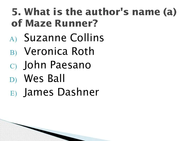 Suzanne Collins Veronica Roth John Paesano Wes Ball James Dashner 5. What