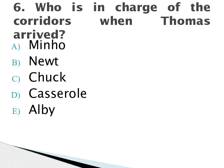 Minho Newt Chuck Casserole Alby 6. Who is in charge of the corridors when Thomas arrived?