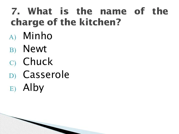 Minho Newt Chuck Casserole Alby 7. What is the name of the charge of the kitchen?