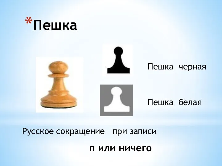 Пешка Русское сокращение при записи п или ничего Пешка белая Пешка черная