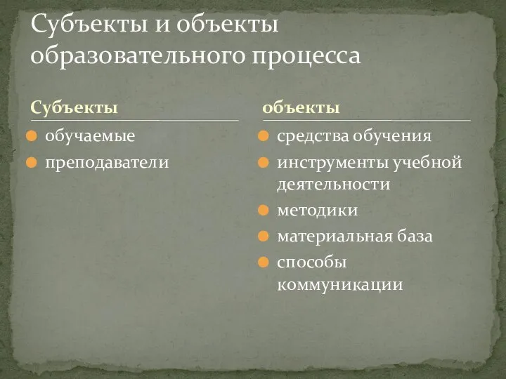 Субъекты обучаемые преподаватели средства обучения инструменты учебной деятельности методики материальная база способы