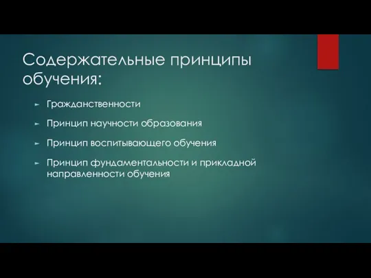 Содержательные принципы обучения: Гражданственности Принцип научности образования Принцип воспитывающего обучения Принцип фундаментальности и прикладной направленности обучения