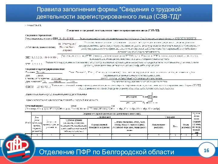 Отделение ПФР по Белгородской области Правила заполнения формы "Сведения о трудовой деятельности зарегистрированного лица (СЗВ-ТД)"