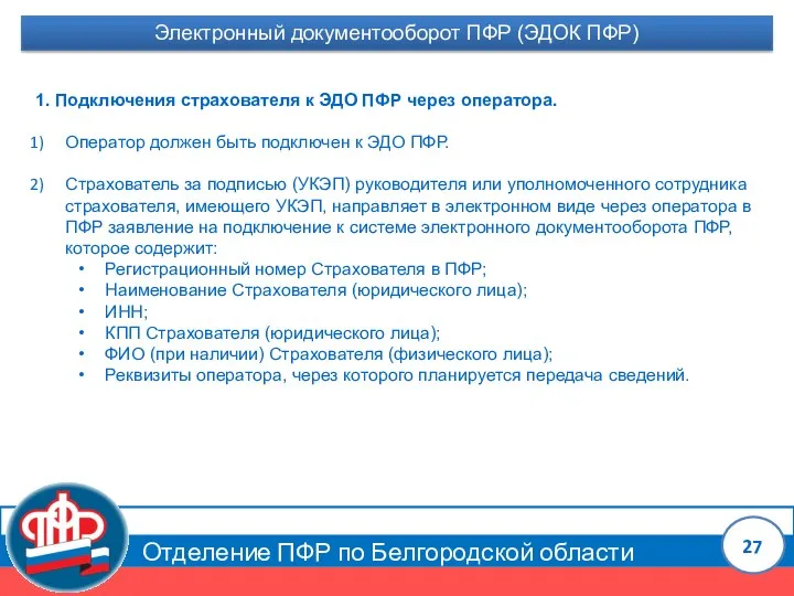 Отделение ПФР по Белгородской области Электронный документооборот ПФР (ЭДОК ПФР) 1. Подключения