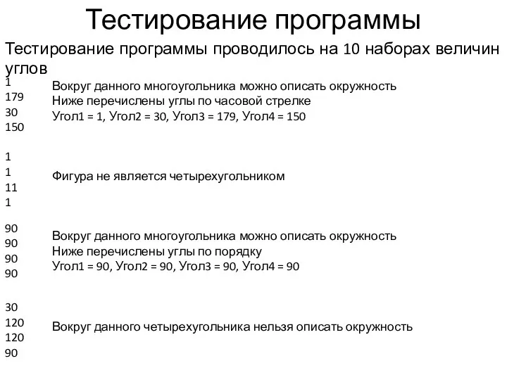 Тестирование программы Тестирование программы проводилось на 10 наборах величин углов 1 179