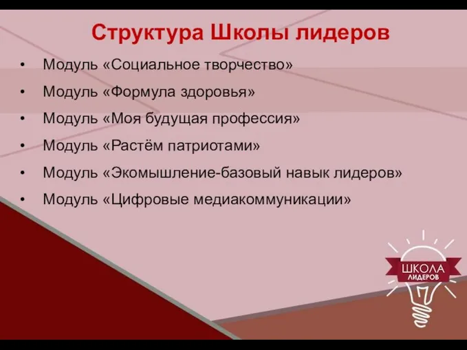 Структура Школы лидеров Модуль «Социальное творчество» Модуль «Формула здоровья» Модуль «Моя будущая