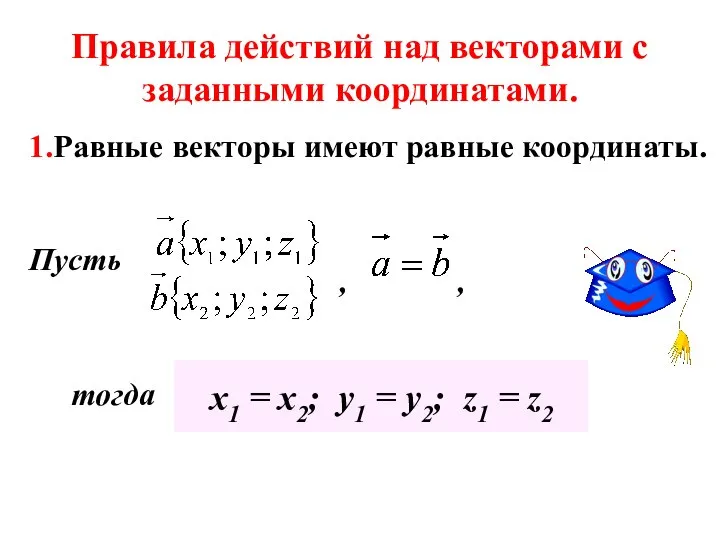 Правила действий над векторами с заданными координатами. 1.Равные векторы имеют равные координаты.