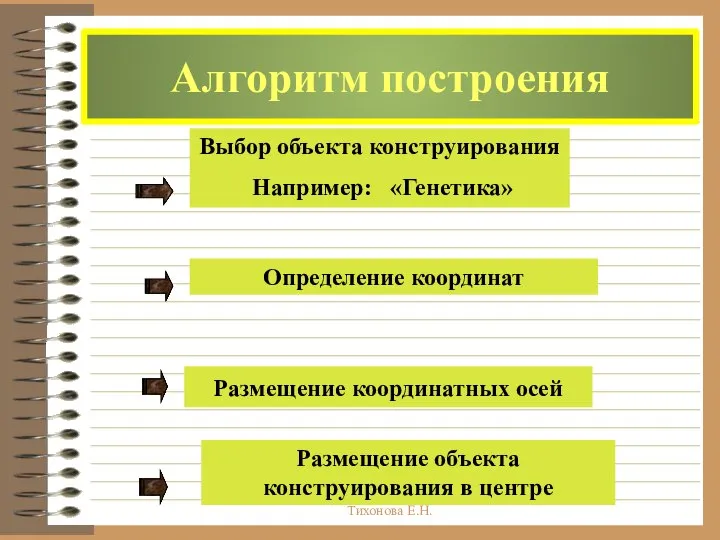 Тихонова Е.Н. Алгоритм построения Выбор объекта конструирования Например: «Генетика» Определение координат Размещение