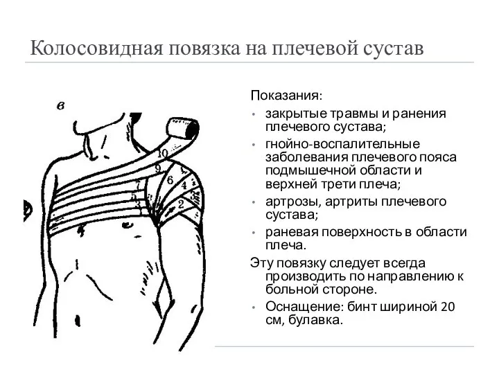 Колосовидная повязка на плечевой сустав Показания: закрытые травмы и ранения плечевого сустава;