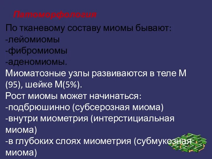 Патоморфология По тканевому составу миомы бывают: -лейомиомы -фибромиомы -аденомиомы. Миоматозные узлы развиваются