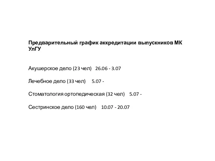 Предварительный график аккредитации выпускников МК УлГУ Акушерское дело (23 чел) 26.06 -