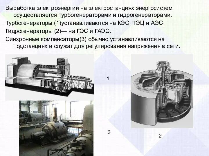 Выработка электроэнергии на электростанциях энергосистем осуществляется турбогенераторами и гидрогенераторами. Турбогенераторы (1)устанавливаются на