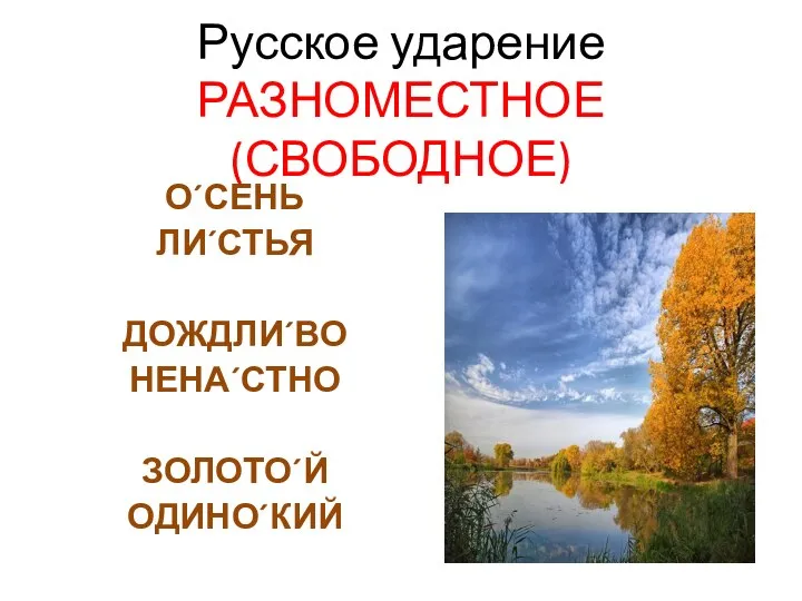 Русское ударение РАЗНОМЕСТНОЕ (СВОБОДНОЕ) О´СЕНЬ ЛИ´СТЬЯ ДОЖДЛИ´ВО НЕНА´СТНО ЗОЛОТО´Й ОДИНО´КИЙ