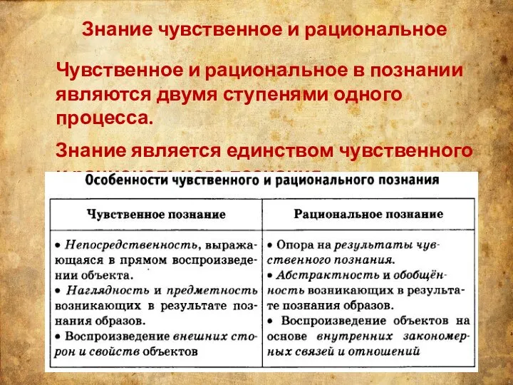 Знание чувственное и рациональное Чувственное и рациональное в познании являются двумя ступенями