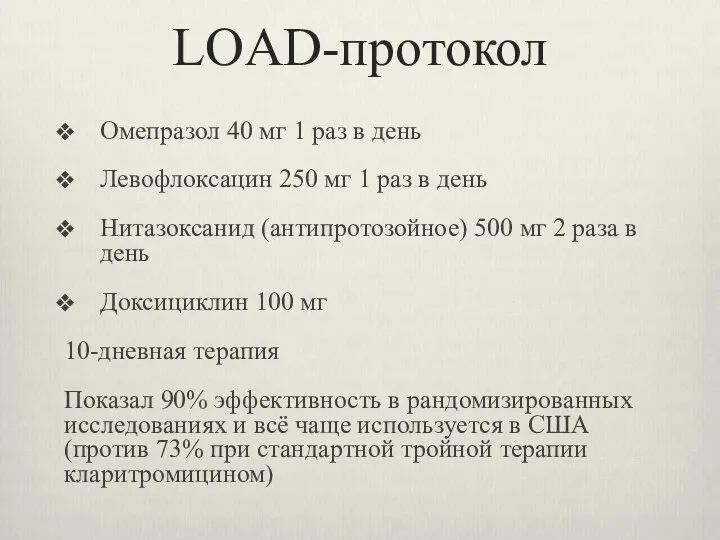 LOAD-протокол Омепразол 40 мг 1 раз в день Левофлоксацин 250 мг 1