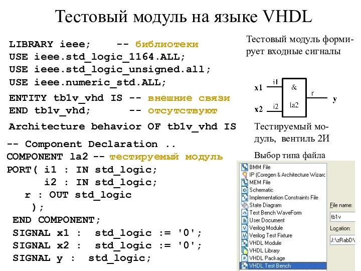 Тестовый модуль на языке VHDL LIBRARY ieee; -- библиотеки USE ieee.std_logic_1164.ALL; USE