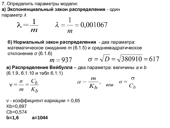 7. Определить параметры модели: а) Экспоненциальный закон распределения - один параметр λ