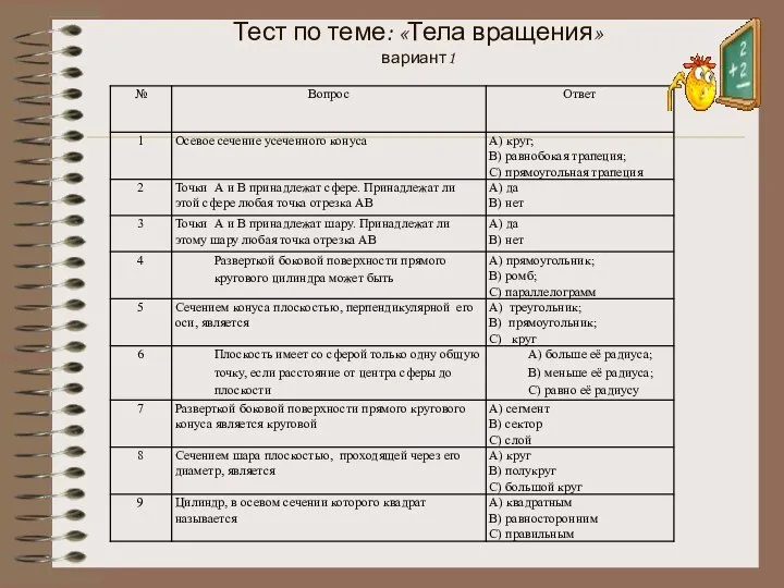 Тест по теме: «Тела вращения» вариант1