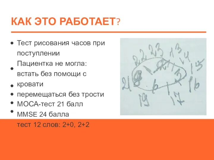 КАК ЭТО РАБОТАЕТ? Тест рисования часов при поступлении Пациентка не могла: встать