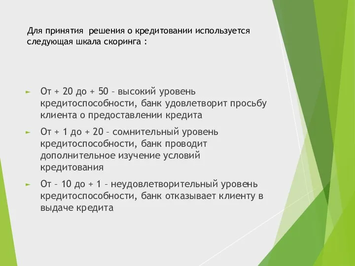 Для принятия решения о кредитовании используется следующая шкала скоринга : От +