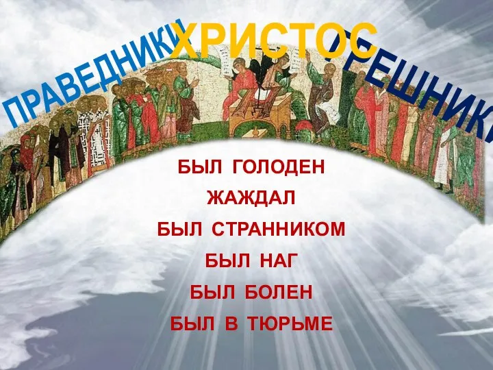 ПРАВЕДНИКИ ГРЕШНИКИ ХРИСТОС БЫЛ ГОЛОДЕН ЖАЖДАЛ БЫЛ СТРАННИКОМ БЫЛ НАГ БЫЛ БОЛЕН БЫЛ В ТЮРЬМЕ