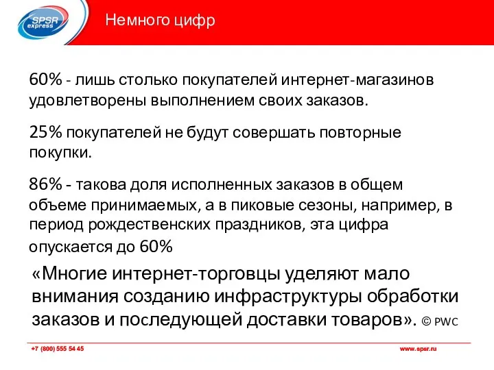 Немного цифр 60% - лишь столько покупателей интернет-магазинов удовлетворены выполнением своих заказов.