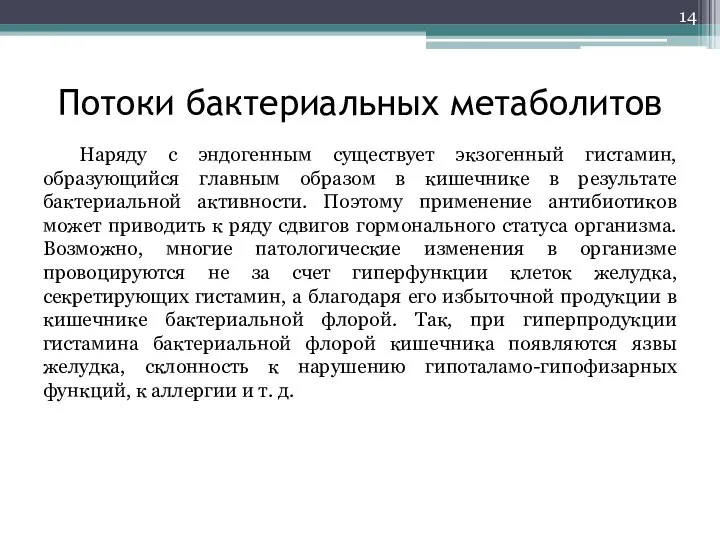 Потоки бактериальных метаболитов Наряду с эндогенным существует экзогенный гистамин, образующийся главным образом