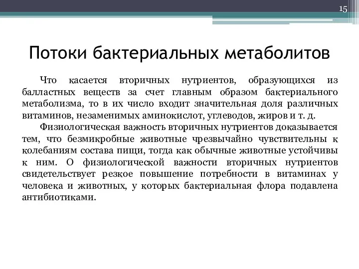 Потоки бактериальных метаболитов Что касается вторичных нутриентов, образующихся из балластных веществ за