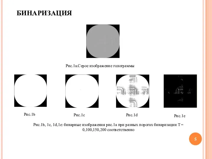 Рис.1c Рис.1d БИНАРИЗАЦИЯ Рис.1а.Серое изображение голограммы Рис.1b Рис.1e Рис.1b, 1c, 1d,1e: бинарные