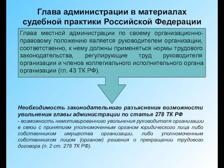 Глава администрации в материалах судебной практики Российской Федерации Необходимость законодательного разъяснения возможности