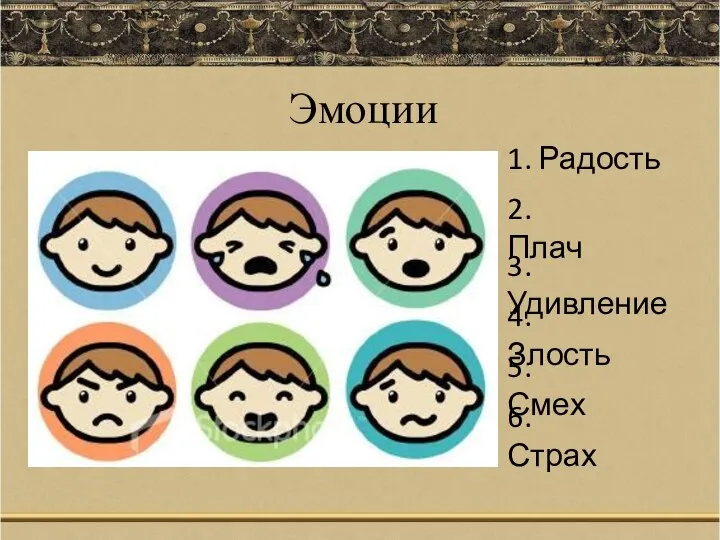 Эмоции 1. Радость 2. Плач 3. Удивление 4. Злость 5. Смех 6. Страх