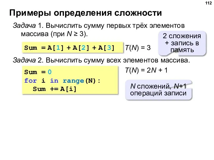 Примеры определения сложности Задача 1. Вычислить сумму первых трёх элементов массива (при