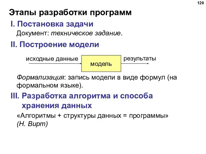 Этапы разработки программ I. Постановка задачи Документ: техническое задание. II. Построение модели