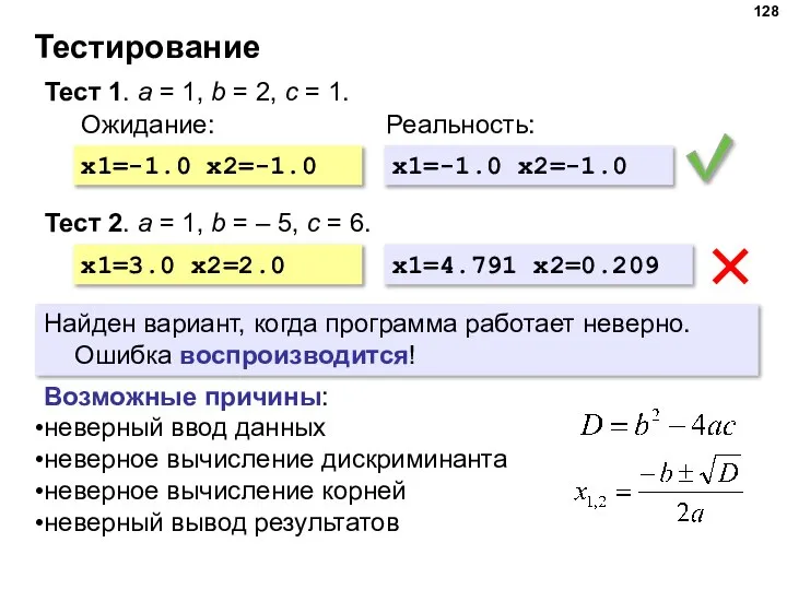 Тестирование Тест 1. a = 1, b = 2, c = 1.