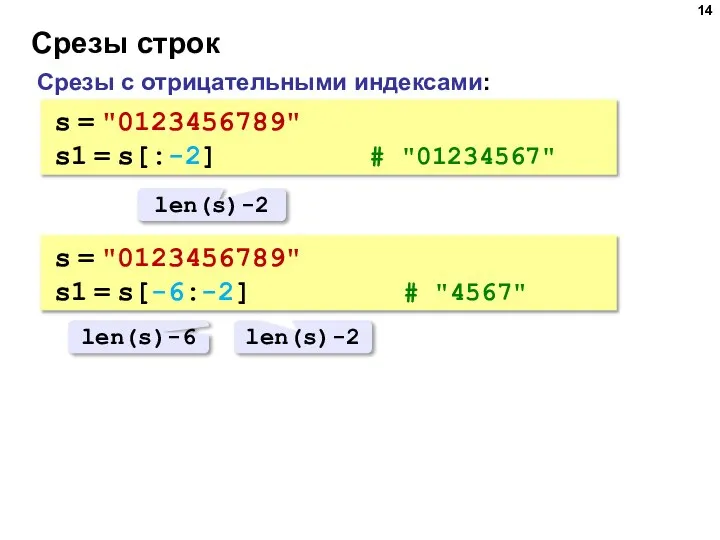 Срезы строк Срезы с отрицательными индексами: s = "0123456789" s1 = s[:-2]