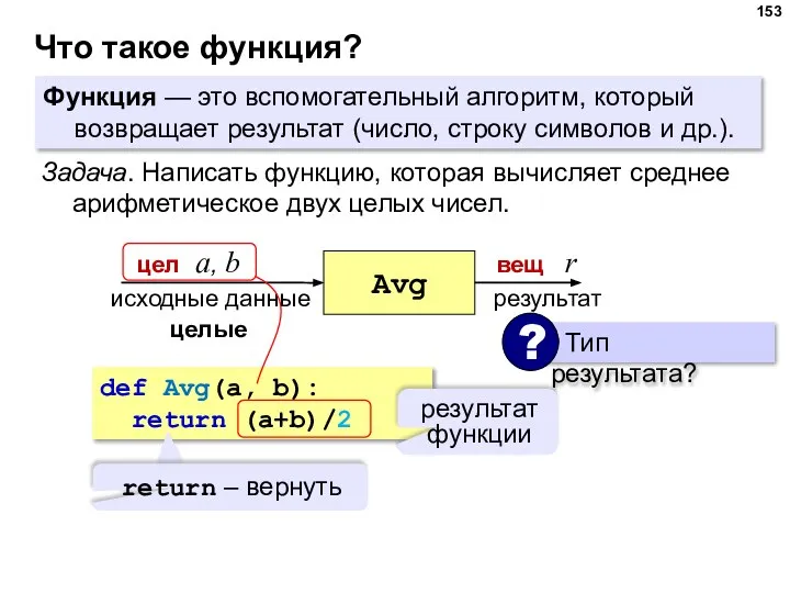 Что такое функция? Функция — это вспомогательный алгоритм, который возвращает результат (число,