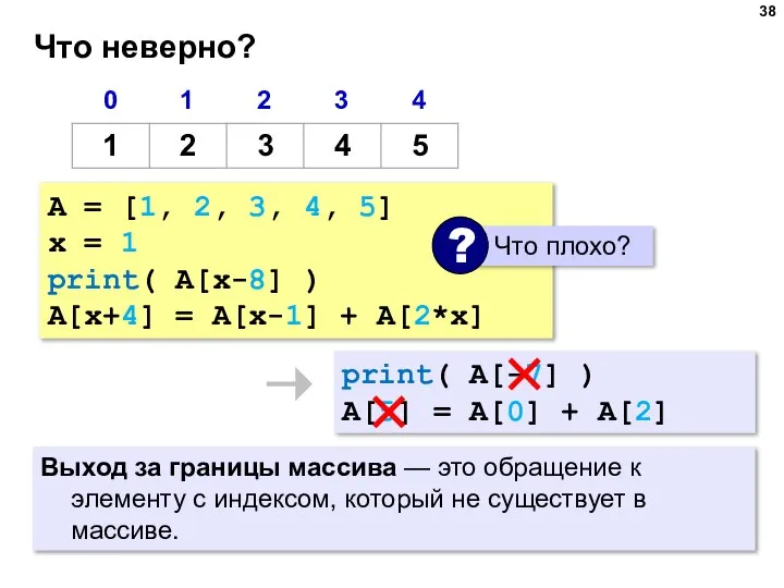 Что неверно? A = [1, 2, 3, 4, 5] x = 1