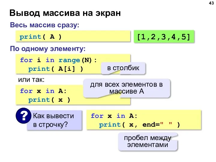 Вывод массива на экран for i in range(N): print( A[i] ) или