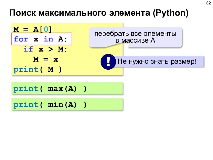 Поиск максимального элемента (Python) M = A[0] for x in A: if