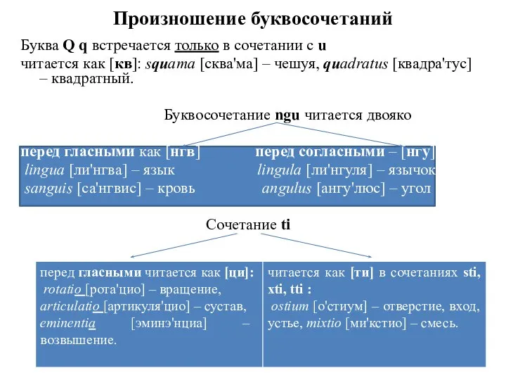 Произношение буквосочетаний Буква Q q встречается только в сочетании с u читается