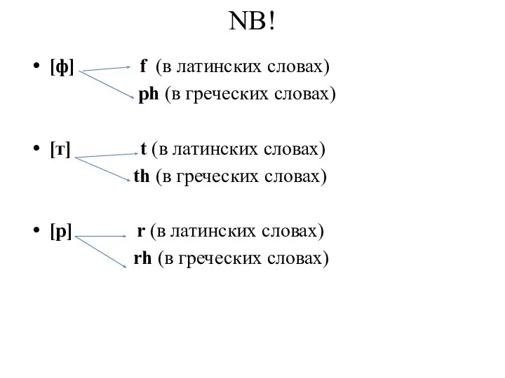 NB! [ф] f (в латинских словах) ph (в греческих словах) [т] t