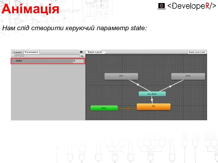 Анімація Нам слід створити керуючий параметр state: