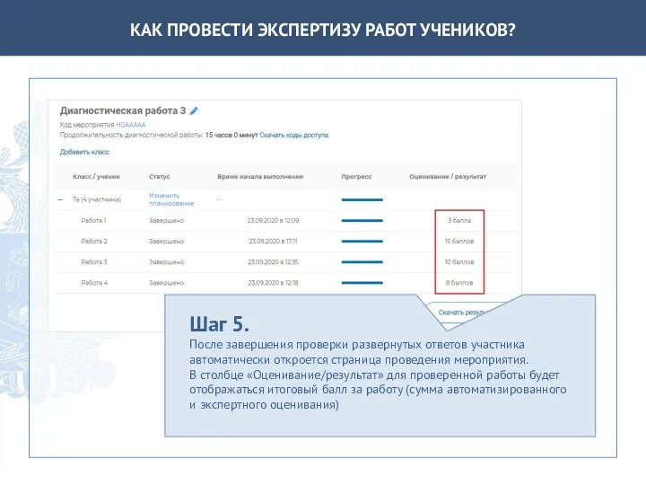 КАК ПРОВЕСТИ ЭКСПЕРТИЗУ РАБОТ УЧЕНИКОВ? Шаг 5. После завершения проверки развернутых ответов