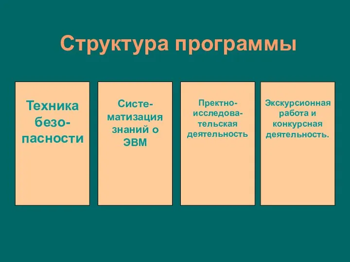 Структура программы Техника безо-пасности Систе- матизация знаний о ЭВМ Пректно- исследова- тельская