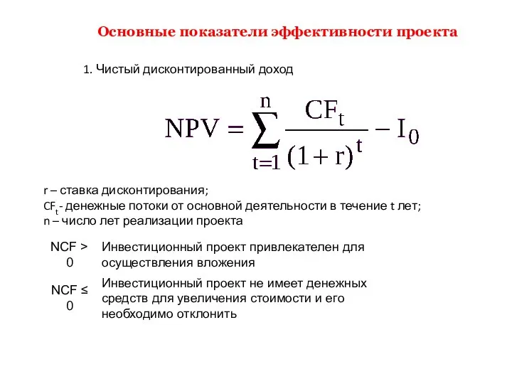 Основные показатели эффективности проекта r – ставка дисконтирования; CFt- денежные потоки от