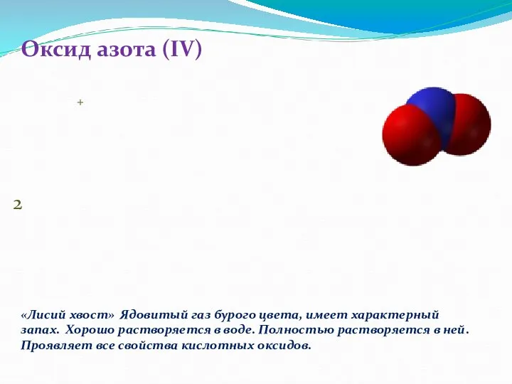 Оксид азота (IV) «Лисий хвост» Ядовитый газ бурого цвета, имеет характерный запах.