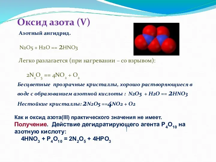 Оксид азота (V) Бесцветные прозрачные кристаллы, хорошо растворяющиеся в воде с образованием