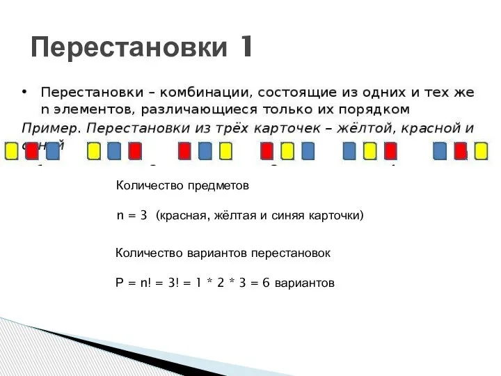 Перестановки 1 Количество предметов n = 3 (красная, жёлтая и синяя карточки)